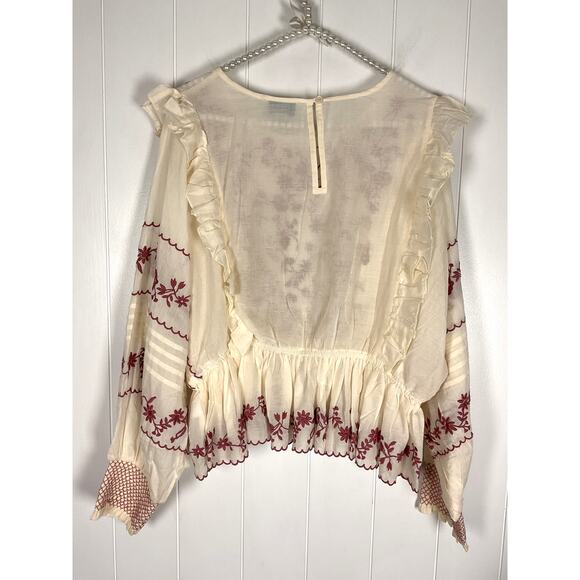 Calypso St Barth NWT Cream Embroidered Ruffle Keyhole Closure Blouse Size Large - Picture 6 of 7